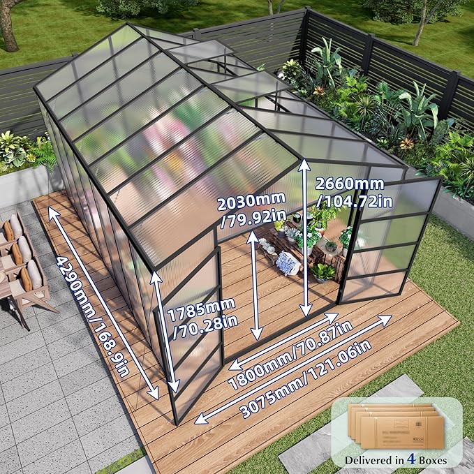 KEIKI Walk-in 10x14 FT Polycarbonate Greenhouse, Aluminum Frame Outdoor Greenhouse with Roof Vent, Anchor Base & UV-Blocking Panels for Backyard Gardening, Black
