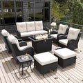 LayinSun 10 Pieces Outdoor Patio Furniture Set with Fire Pit Table, Rattan Wicker Sectional Swivel Rocker Chairs Sets with Ottomans, Swivel Glider Chairs and Coffee Table