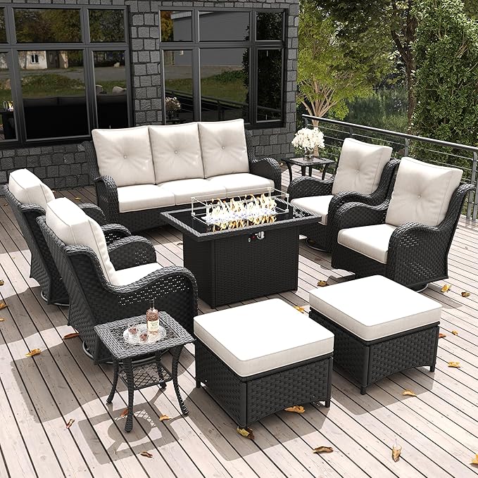 LayinSun 10 Pieces Outdoor Patio Furniture Set with Fire Pit Table, Rattan Wicker Sectional Swivel Rocker Chairs Sets with Ottomans, Swivel Glider Chairs and Coffee Table