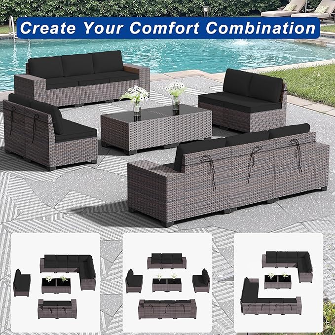 Outdoor Patio Furniture Set, 12 Pieces Outdoor Sectional Furniture High Backrest Patio Sofa, All-Weather PE Rattan Patio Conversation Set with Coffee Table & Cushions