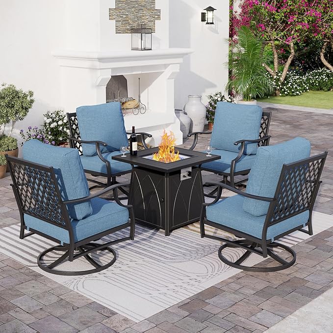 SUNSHINE VALLEY 5 Piece Metal Outdoor Patio Furniture Set with Fire Pit Table, Patio Conversation Sets 4 Swivel Chairs with 5.75" Thick Cushion and 5000 BTU Fire Pit Table, Backyard Furniture, Navy