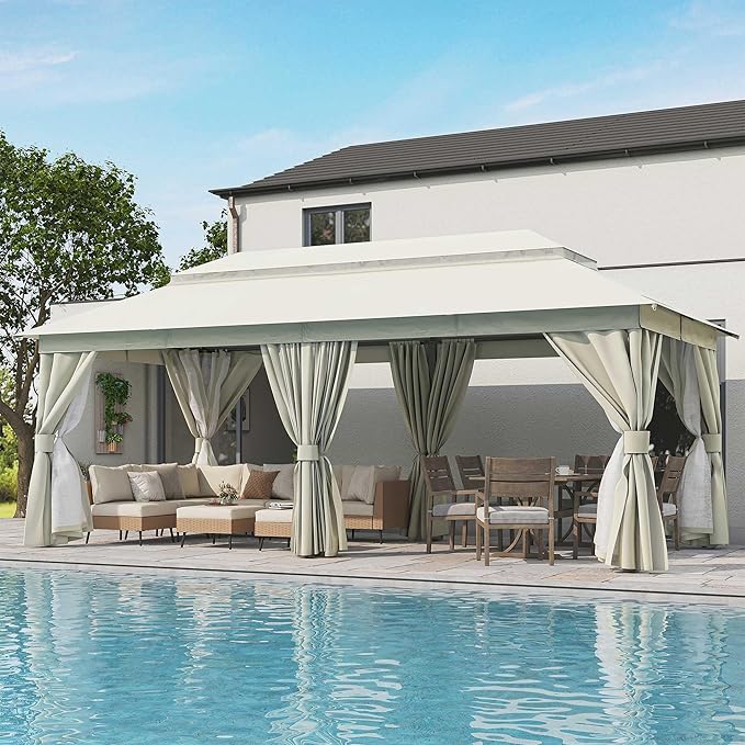 LAUSAINT HOME Outdoor Patio Gazebo 10'x20' with Expansion Bolts, Heavy Duty Party Tent & Shelter with Double Roofs, Mosquito Nettings and Privacy Screens for Backyard (Cream White)