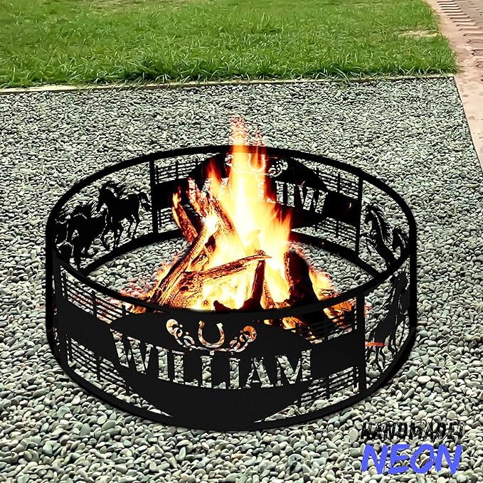 Horses Personalized Fire Pit Ring Racing Horse Custom Name Metal Campfire Ring 360 Degree Firepit Outdoor BBQs Backyard Camping Garden Western Decor Gifts for Father Dads Cowboy