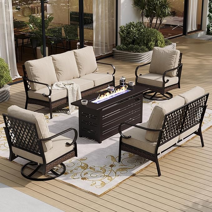 SUNSHINE VALLEY 5 Piece Metal Outdoor Patio Furniture Sets with Firepit Table, Patio Conversation Sets 1 3-Seater Sofa, 1 2-Seater Loveseat, 2 Swivel Sofa with 5.75" Cushion for Backyard Deck, Beige