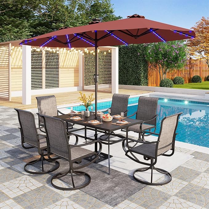 PHI VILLA 13ft Patio Umbrella with Solar-Powered 120 PCS LED Color-Changing Lights, Triple-Head Large Rectangle Umbrella Outdoor Patio for Table with Crank Lift,Red(No Base)