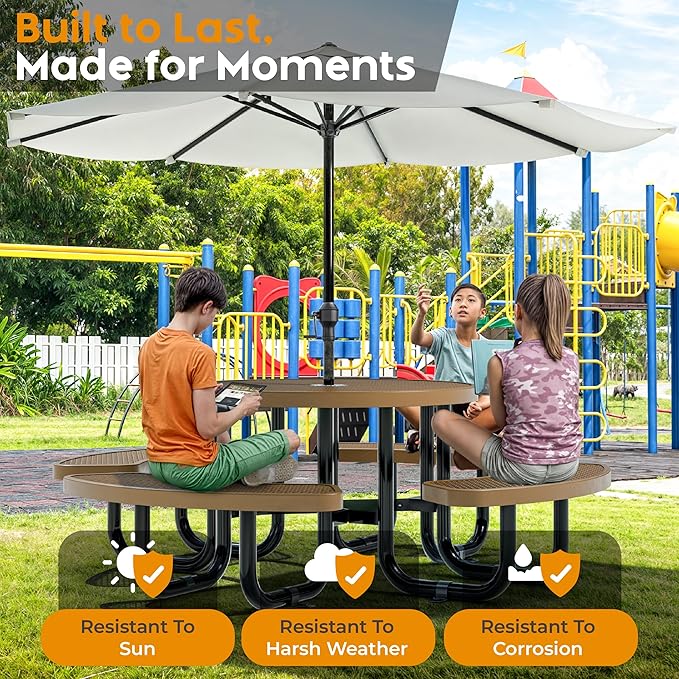 OUTTANS Round Metal Picnic Tables for Kids for Outdoors with Umbrella Hole, Adjustable Seats for School, Park, Playground (Brown, 38 in, Kids, Expanded Steel)