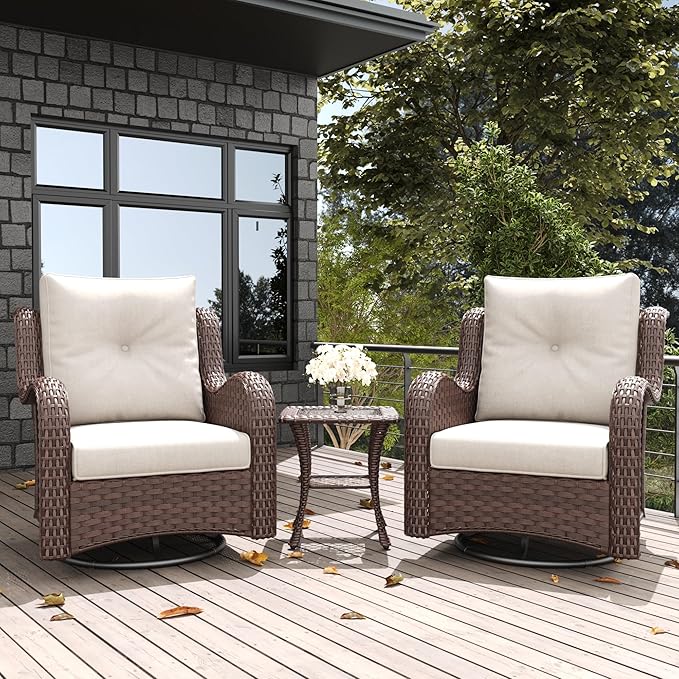 LayinSun 3 Pieces Outdoor Patio Furniture Set, Rattan Wicker Swivel Rocker Chairs Sets with Swivel Glider Chairs and Coffee Table