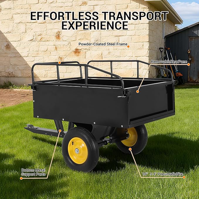 750LB Dump Cart, Heavy Duty Steel Garden Utility Trailer with Manual Dump,Pull Behind Trailer for Lawn Mower, Tractor, ATV for Yard & Farm