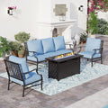 SUNSHINE VALLEY 4 Piece Metal Outdoor Patio Furniture Sets with 5000 BTU Firepit Table, Patio Conversation Sets 1 3-Seater Sofa, 2 Fixed Chair with 5.75" Thick Cushion, Black Backyard Furniture, Blue