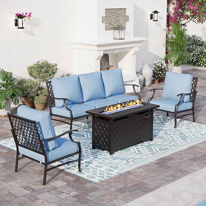 SUNSHINE VALLEY 4 Piece Metal Outdoor Patio Furniture Sets with 5000 BTU Firepit Table, Patio Conversation Sets 1 3-Seater Sofa, 2 Fixed Chair with 5.75" Thick Cushion, Black Backyard Furniture, Blue