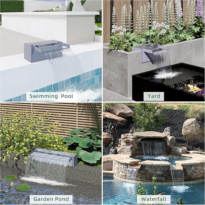 Longrun Pond Waterfall Box with Pump Kit, Transparent Acrylic Pond Waterfall Spillway with 396 GPH 1500L/H Pump for Ponds, Pond Spillway Color-Changing LED Light Strip for Garden (9.06")