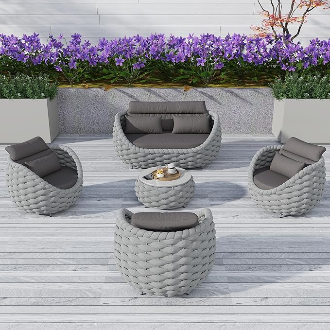 TWT 5 Pieces Patio Furniture Set Outdoor Rope Conversation Sectional Patio Sofa with 5 Seater for Backyard, Porch, Modern Armchairs with Thickness Cushions and Side Table