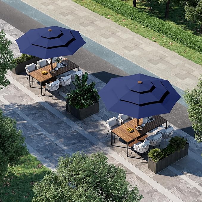 9FT 3 Tiers Patio Umbrella With Auto Tilt And Crank, Outdoor Table Market Umbrella with 8 Sturdy Ribs for Garden, Lawn, Deck, Backyard and Pool