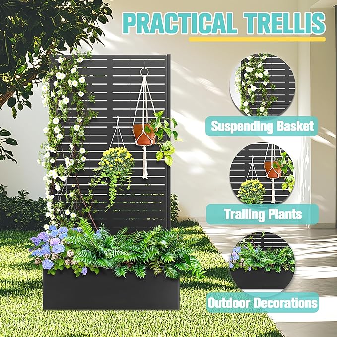 71"x35"x16" Metal Planter Box with Trellis Raised Garden Bed, Trellis with Planter Box & Privacy Screen, Outdoor Raised Garden Bed for Climbing Plants, Vegetable, Vines (Black, Louvered)