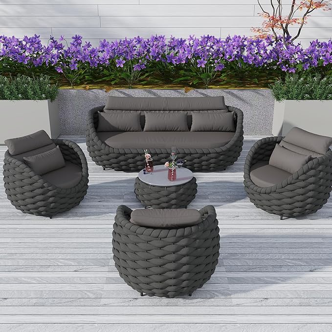 TWT Outdoor Patio Furniture Set-5 Pieces Aluminum Sectional Sofa, Metal Patio Conversation Set with Threeseat & Armchair, Textile Rope and Coffee Table, Dark Grey