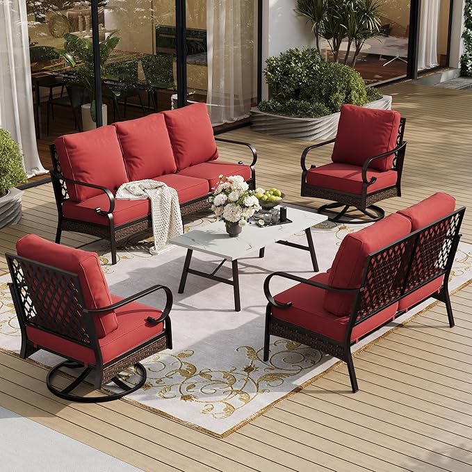 SUNSHINE VALLEY 5 Piece Metal Outdoor Patio Furniture Set, Patio Conversation Setsv with 3-Seater Sofa, Loveseat, 2 Fixed Sofa (5.75" Thick Cushion) & Coffee Table Black Backyard Furniture, Rust Red