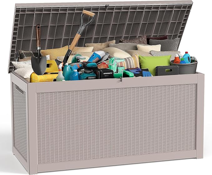 320 Gallon Deck Box XXL Large Outdoor Storage for Patio Furniture,Outdoor Cushions,Garden Tools and Pool Supplies,Waterproof,Resin,Lockable(Grey Rattan)