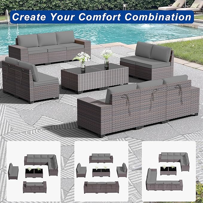 Outdoor Patio Furniture Set, 12 Pieces Outdoor Sectional Furniture High Backrest Patio Sofa, All-Weather PE Rattan Patio Conversation Set with Coffee Table & Cushions(Grey).