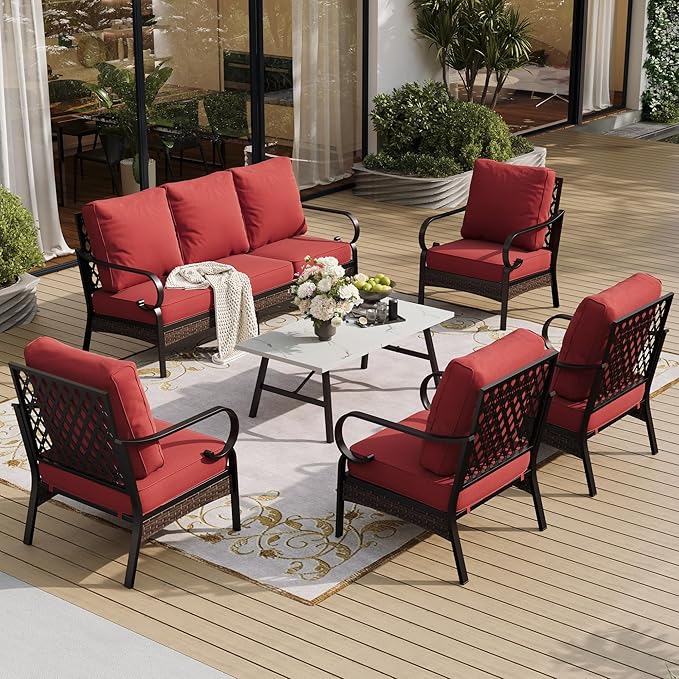 SUNSHINE VALLEY 6 Piece Metal Outdoor Patio Furniture Sets, Patio Conversation Sets with 3-Seater Sofa, 4 Single Sofa (5.75" Thick Cushion) & Coffee Table, Black Frame Backyard Furniture, Rust Red