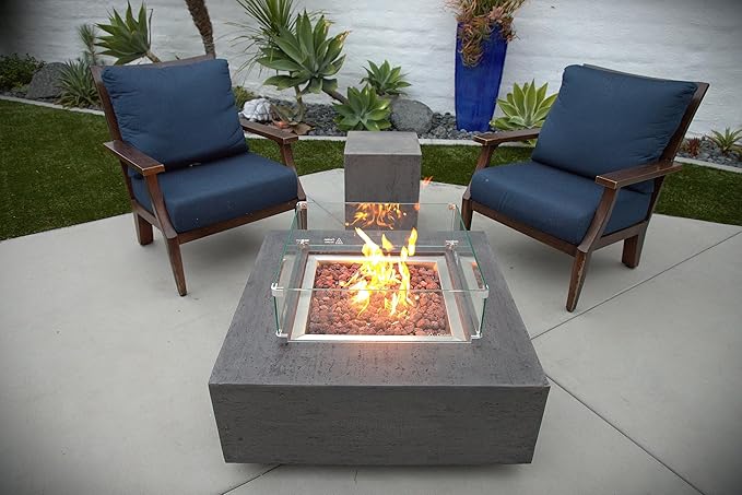 AMS Creations | Albany Square Propane Gas Outdoor Fire Pit Table | Concrete GFRC Fire Pit Table | with SS Lid, Canvas Cover, Lava Rock and Wind Guard Included (Fuel Type: Liquid Propane)