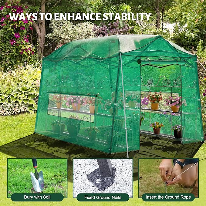 8.5 x 7 ft Large Walk-in Pop-Up Greenhouse, Portable Plant Tent with 4 Zipper Doors & 3 Height Adjustments, Heavy-Duty PE Cover for Outdoor/Indoor Use in All Weather
