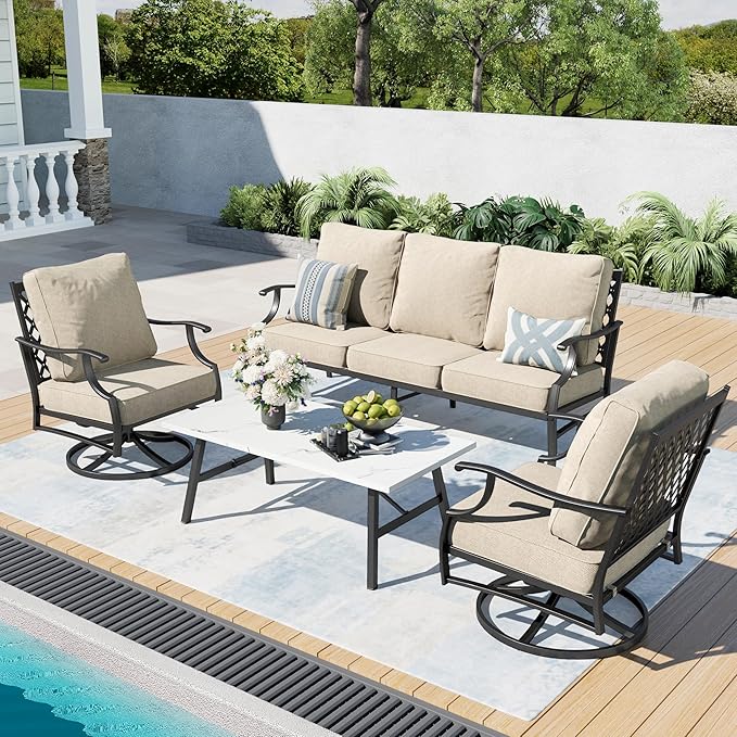 Patio Furniture Set, 4 Piece Modern Metal Outdoor Patio Furniture, 3 Seater Couch, 2 swivel Chairs, Coffee Table and 5.75" Extra Thick Cushion, Patio Conversation Set for Backyard Deck