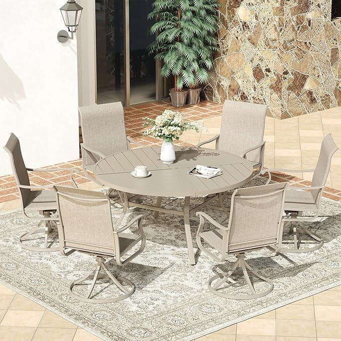 VICLLAX Round Patio Dining Table, 6-8 Person Metal Outdoor Dining Table with Umbrella Hole and Storage Shelf for Garden Lawn Deck, 53" Sandshell