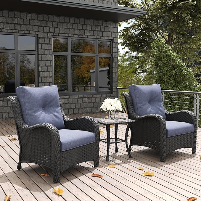 LayinSun 3 Pieces Outdoor Patio Furniture Set, Rattan Wicker Chairs Sets with Armchairs and Coffee Table