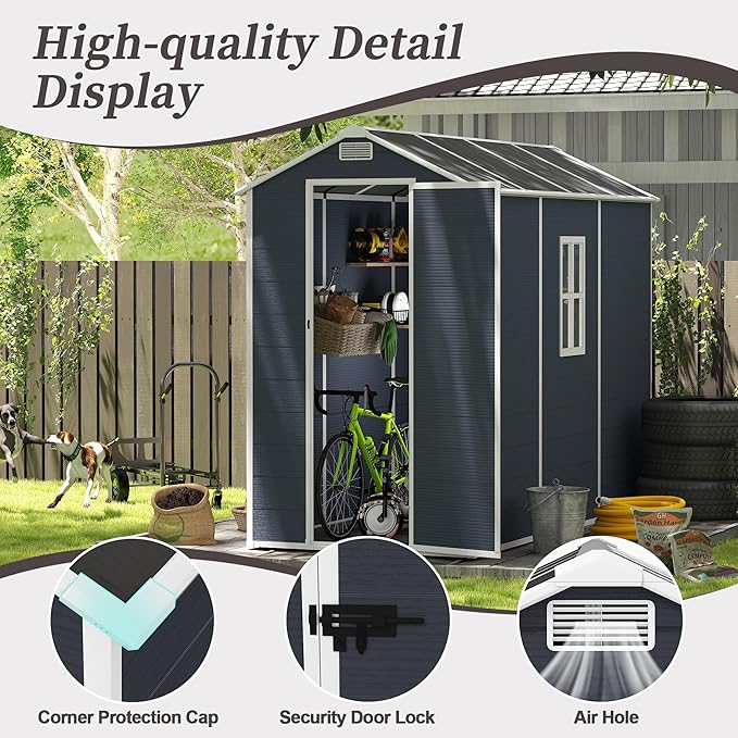 4X8 FT Resin Outdoor Storage Shed, Plastic Garden Sheds with Waterproof Roof & Air Vent,Outside Patio Storage House Tool Shed with Window &Lockable Door for Backyard, Lawn, Dark Grey