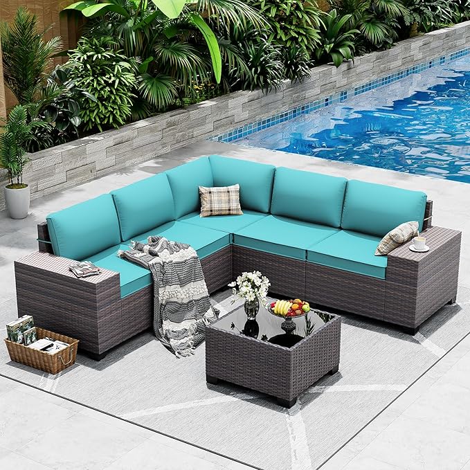 Outdoor Patio Furniture Set, 6 Pieces Outdoor Sectional Furniture High Backrest Patio Sofa, All-Weather PE Rattan Patio Conversation Set with Coffee Table & Cushions(Teal).