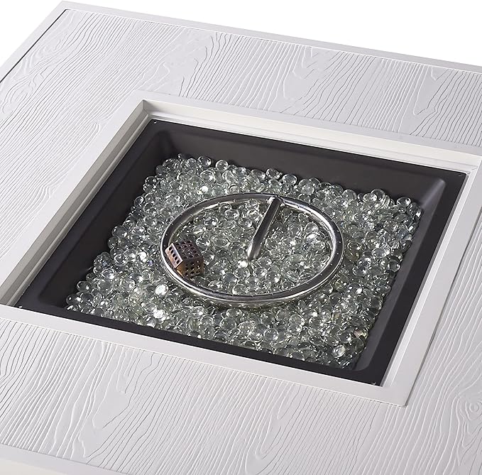 Square 42 in. x 42 in. Aluminum Propane Fire Pit Table with Glass Beads, Two Covers, Lid, 57,000 BTUs in White Finish