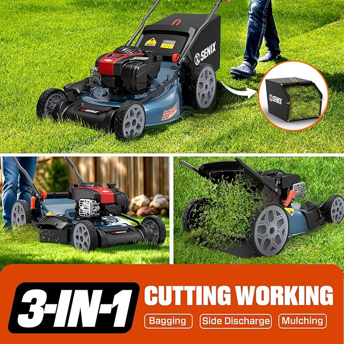 SENIX 22-Inch Self-Propelled Gas Lawn Mower with 150cc B&S EX625 Engine, 3-in-1 (Mulching, Bagging, Side Discharge), 6 Adjustable Cutting Heights (1.25” - 4”), Durable Steel Deck, Rear-Wheel Drive