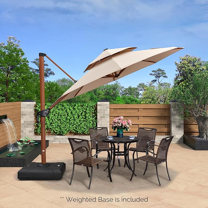 PURPLE LEAF Outdoor Umbrella with Base Patio Round Umbrellas Large Cantilever Parasol Windproof Offset Heavy Duty Sun Umbrellas for Garden Deck Pool Patio,10ft Beige