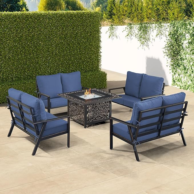 Oakland Living Black Aluminum Patio Fire Table Set with Four Deep Seating Loveseats with Cushions with Blue Cushions