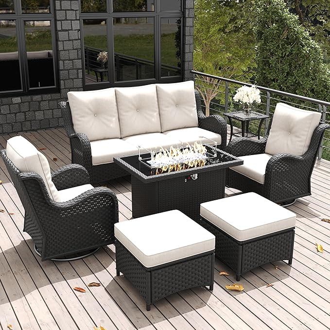 LayinSun 7 Pieces Outdoor Patio Furniture Set with Fire Pit Table, Rattan Wicker Sectional Swivel Rocker Chairs Sets with Ottomans, Swivel Glider Chairs and Coffee Table
