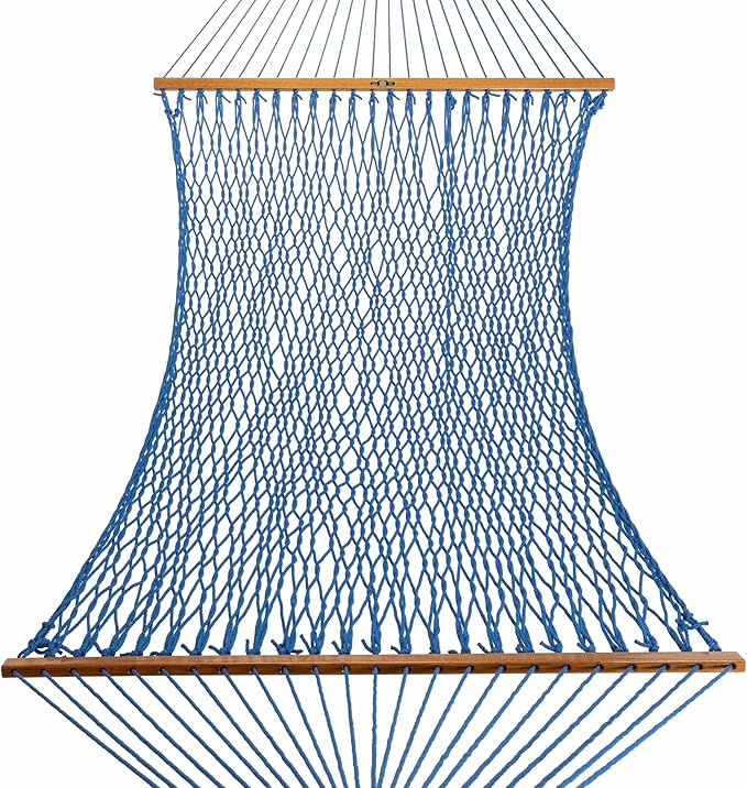 Original Pawleys Island Deluxe Coastal Blue DuraCord Rope Hammock – 13 ft. x 60 in., 2-Person, 450 lb Capacity, Oak Spreader Bar, Zinc-Plated Hardware, Handcrafted in The USA