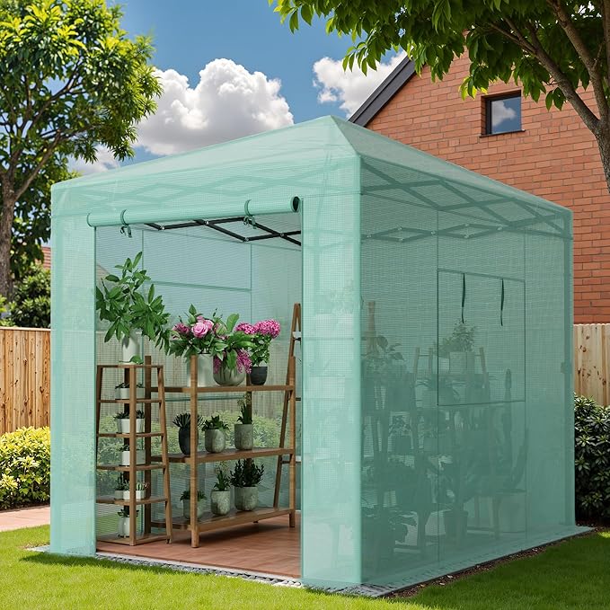 Greesum 8x6 FT Portable Pop-up Greenhouse with Center Lock, PE Cover, Zippered Door and 2 Roll-up Windows, Easy Assemble(Green)