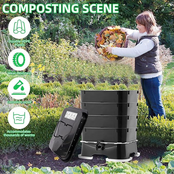 5-Tray Worm Compost Bin, Worm Composter for Outdoor & Indoor, 5-Tray ecocultivatify Wormie's Home Plus, Worm Bin Set for Recycling Household Waste (Black)