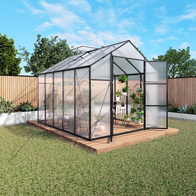 KEIKI 8x10 FT Polycarbonate Greenhouse for Outdoors, Durable Aluminum Walk-in Greenhouse with Gutter Drainage & Tall Growing Space for Plants, Black
