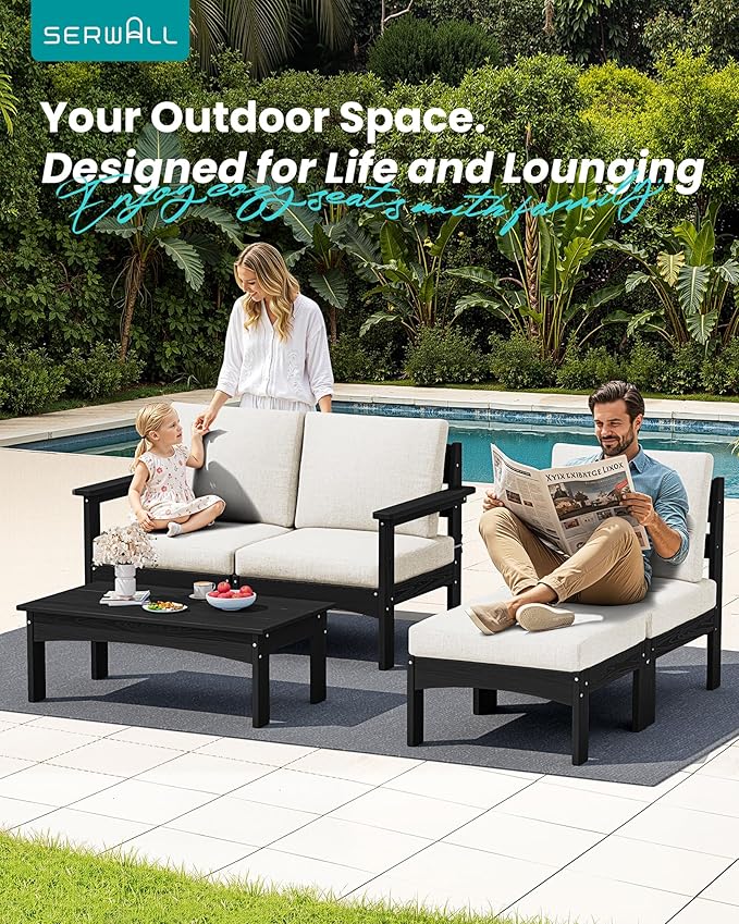 SERWALL 5-Piece Patio Sofas, All-Weather HDPE Outdoor Sectional Sofa with Cushions and Coffee Table, Large Modular Patio Conversation Set for Garden, Lawn, Deck, Porch, Black Frame with Khaki Cushion