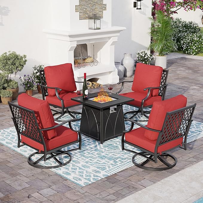 SUNSHINE VALLEY 5 Piece Metal Outdoor Patio Furniture Set with Fire Pit Table, Patio Conversation Sets 4 Swivel Chairs with 5.75" Thick Cushion and 5000 BTU Fire Pit Table, Backyard Furniture, Red