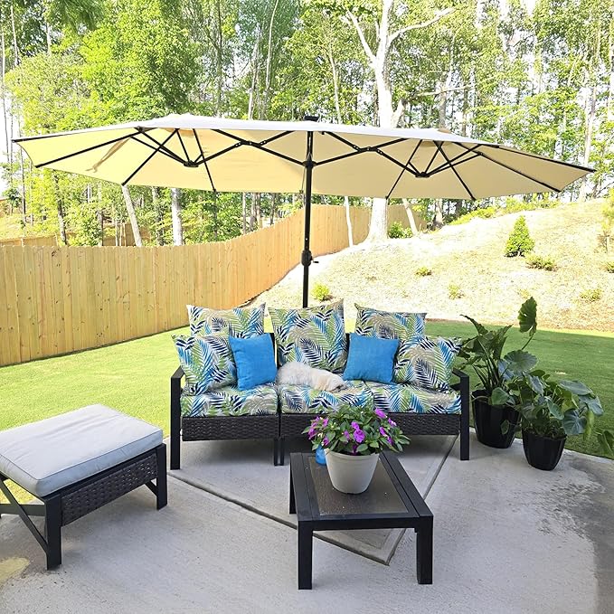 PURPLE LEAF 14ft Patio Market Umbrella with Base Double-Sided Rectangle Outdoor Table Sun Umbrellas with Crank 12 Heavy Duty Sturdy Ribs for Pool Beach Deck Backyard Khaki