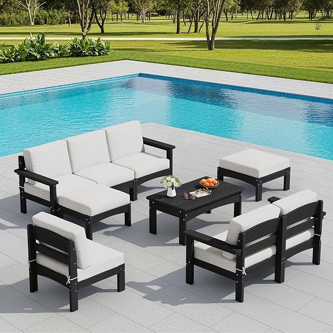 SERWALL 9 Pieces Patio Furniture Set, HDPE Outdoor Sectional Sofas, Outdoor Couch Set with Cushions and Coffee Table, Extra-Large Modular Conversation Set for Garden, Black Frame with Khaki Cushion