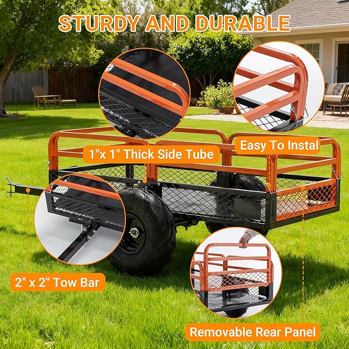Heavy Duty ATV UTV Trailer Tow Behind Dump Cart, 1500lbs 15 Cubic Feet, Yard Garden Trailer Pull Behind Dump for Lawn Mower Tractor Garden Waste