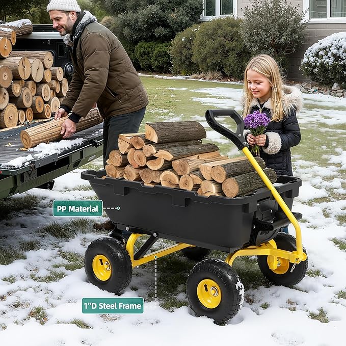 800LB Garden Dump Cart, 4 Wheel Wheelbarrow with 10”Tires, Heavy Duty Dump Cart Wagon with Quick-Release System & 10" Non-Flat Tires, Steel Frame Utility Cart for Yard, Farm, Hauling Firewood