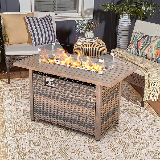 Nuu Garden 43" Propane Fire Pit, CSA-Listed Outdoor Fire Pit Table, 50000 BTU Gas FirePit with Lid, Glass Wind Guard, Glass Beads, 2-in-1 Rectangular FirePit for Outside Backyard, Brown