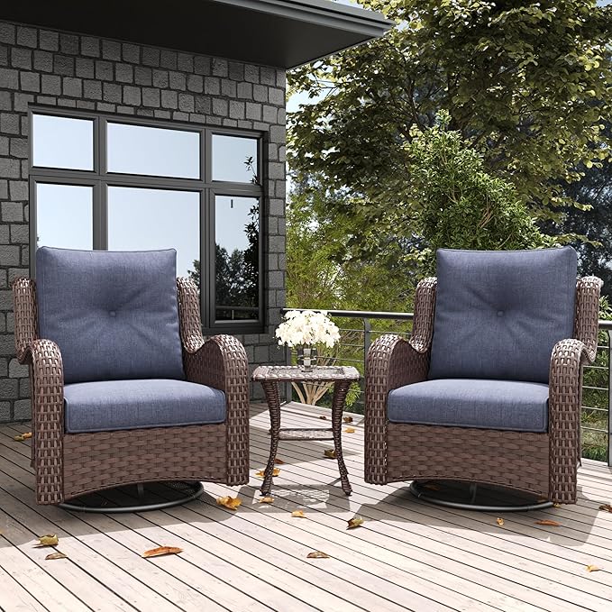 LayinSun 3 Pieces Outdoor Patio Furniture Set, Rattan Wicker Swivel Rocker Chairs Sets with Swivel Glider Chairs and Coffee Table