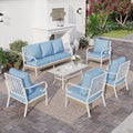SUNSHINE VALLEY 6 Piece Metal Outdoor Patio Furniture Sets, Patio Conversation Sets 1 3-seater Sofa, 4 Single Sofa with 5.75" Extra Thick Cushion and Coffee Table, White Frame Backyard Furniture, Blue