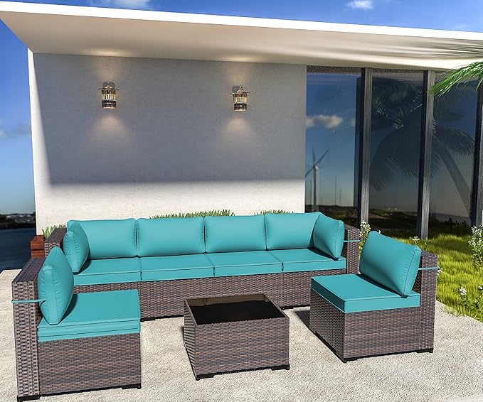 Outdoor Patio Furniture Set, 7 Pieces Outdoor Sectional Furniture Patio Sofa, All-Weather PE Rattan Patio Conversation Set with Tempered Glass Top Table & Cushions-Green Blue