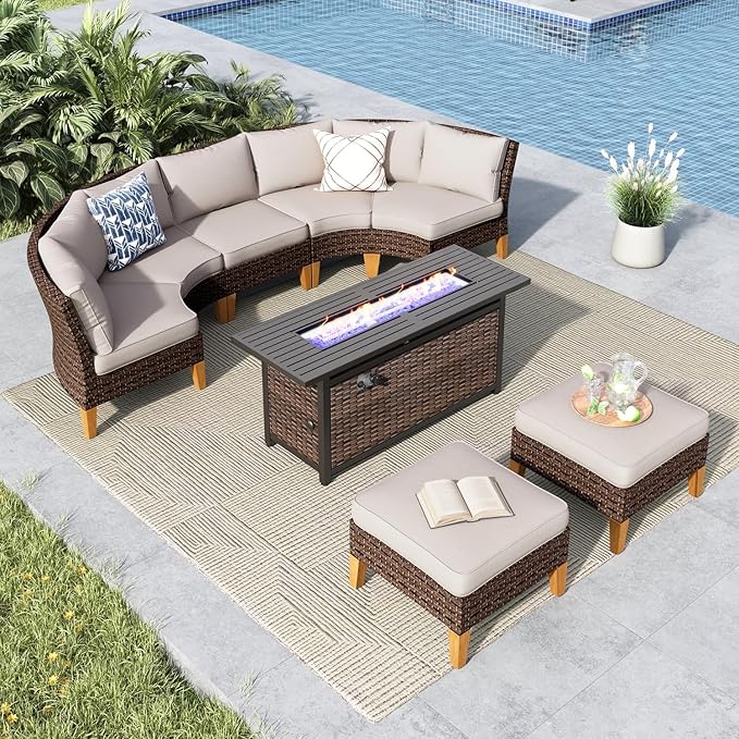 MFSTUDIO 8 Pieces Wicker Patio Furniture Set with 56" Fire Pit Table, Durable Rattan Outdoor Conversation Set Half-Moon Sectional Sofa, 4 x Curved Sofa, 1 x Armless Chair, 2 x Ottoman(Beige Cushion)